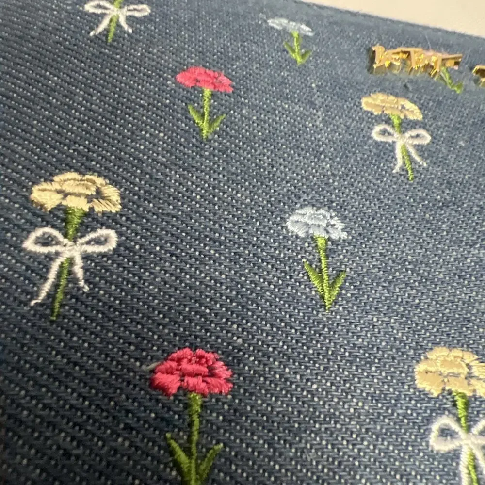 NWT Betsey Johnson Zip Around Wallet Wristlet Blue Denim W Embroidered Flowers